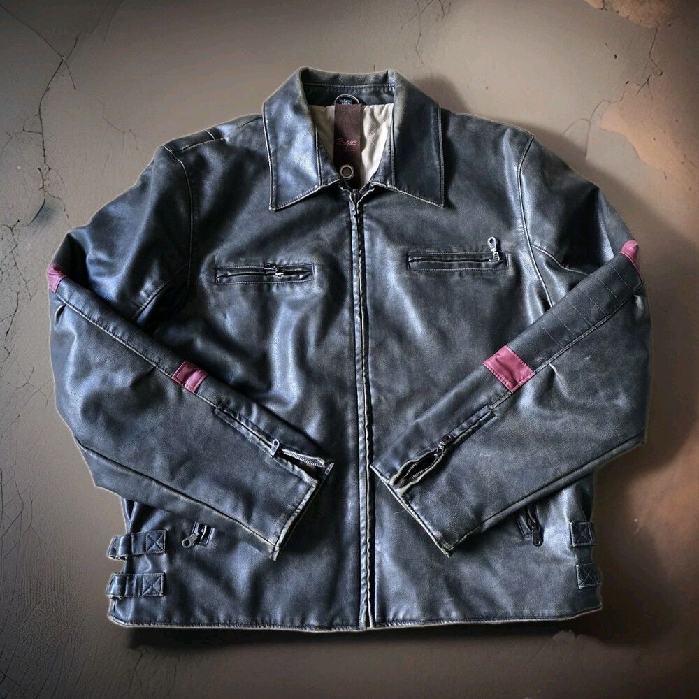 VTG Rogue PVC Leather Biker Jacket Mens Size Large Black Red Faded Distressed